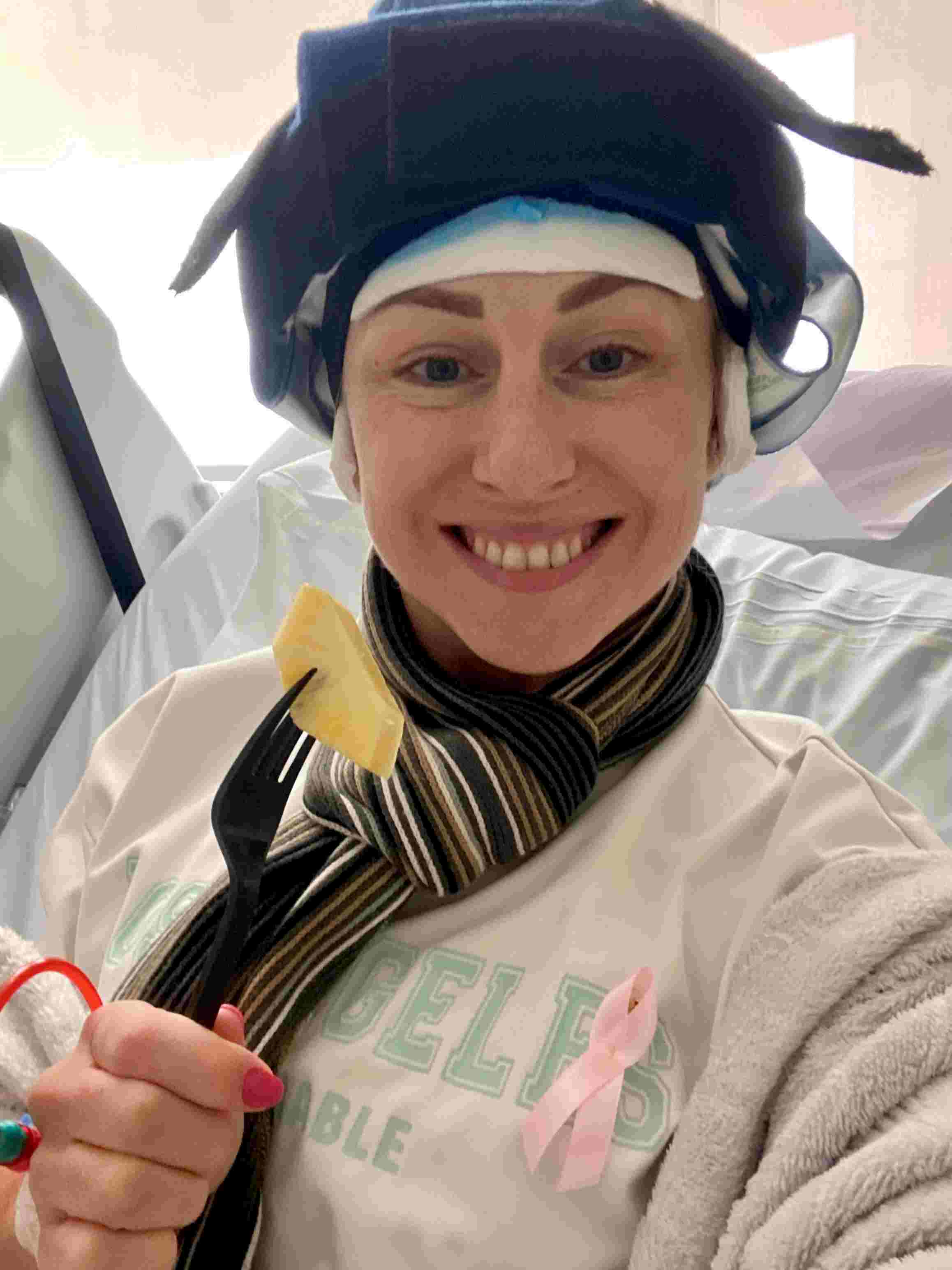 Maria, in a cool cap following treatment