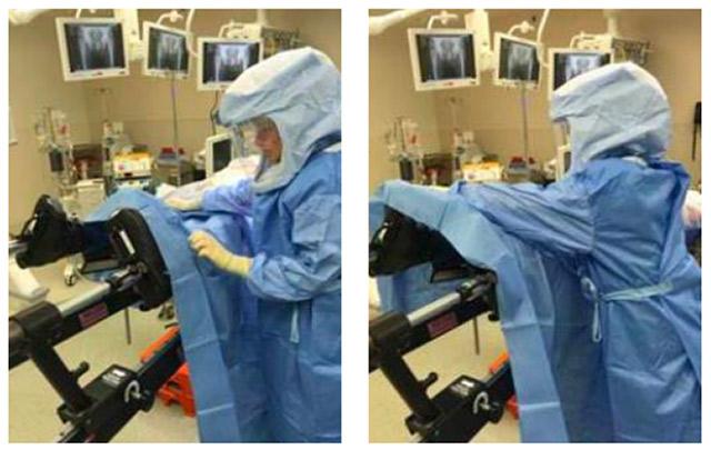 surgeons draping patient for anterior approach total hip replacement on Hana table